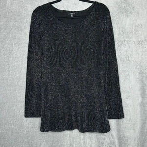 Premise Studio 1X Top Sweater Black Solid Round Neck Long Sleeve Metallic Peplum